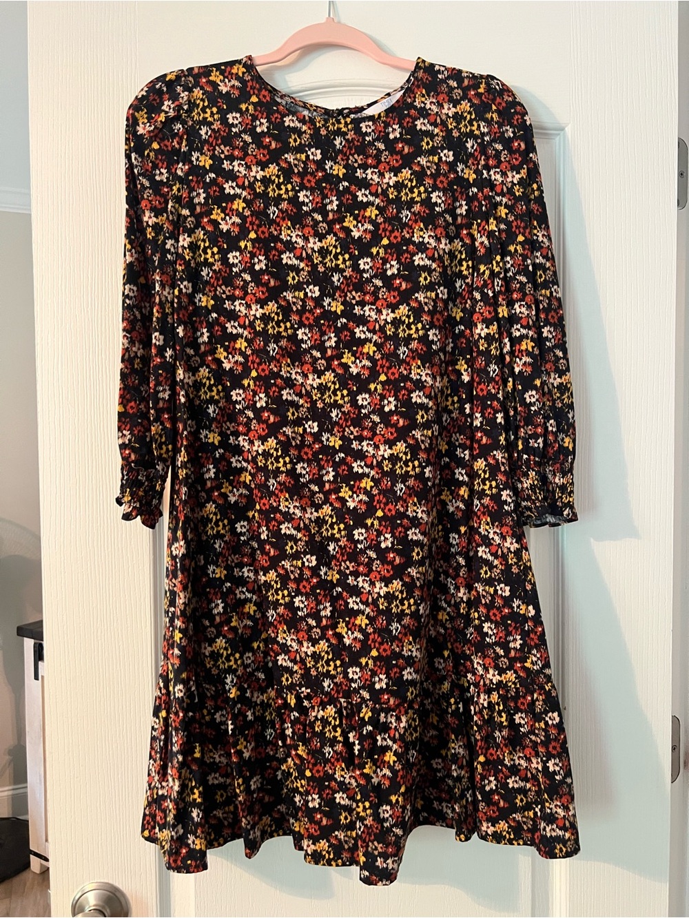 Time and Tru Black Floral Swing Dress with Red and Mustard Accents